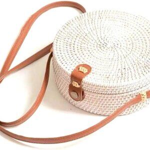 Handwoven Round Rattan Straw Bag for Women Shoulder Leather Button Straps Natura